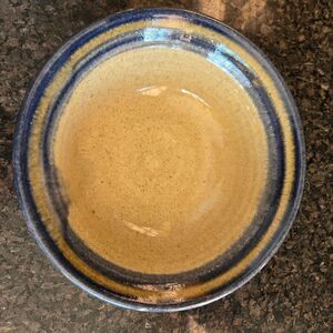 Handcrafted Ceramic Bowl with Blue and Tan Stripes